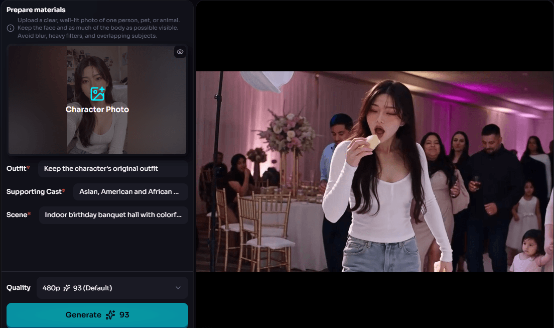 Popliqo Bby Wow AI template page showing 90 credits and 16:9 output