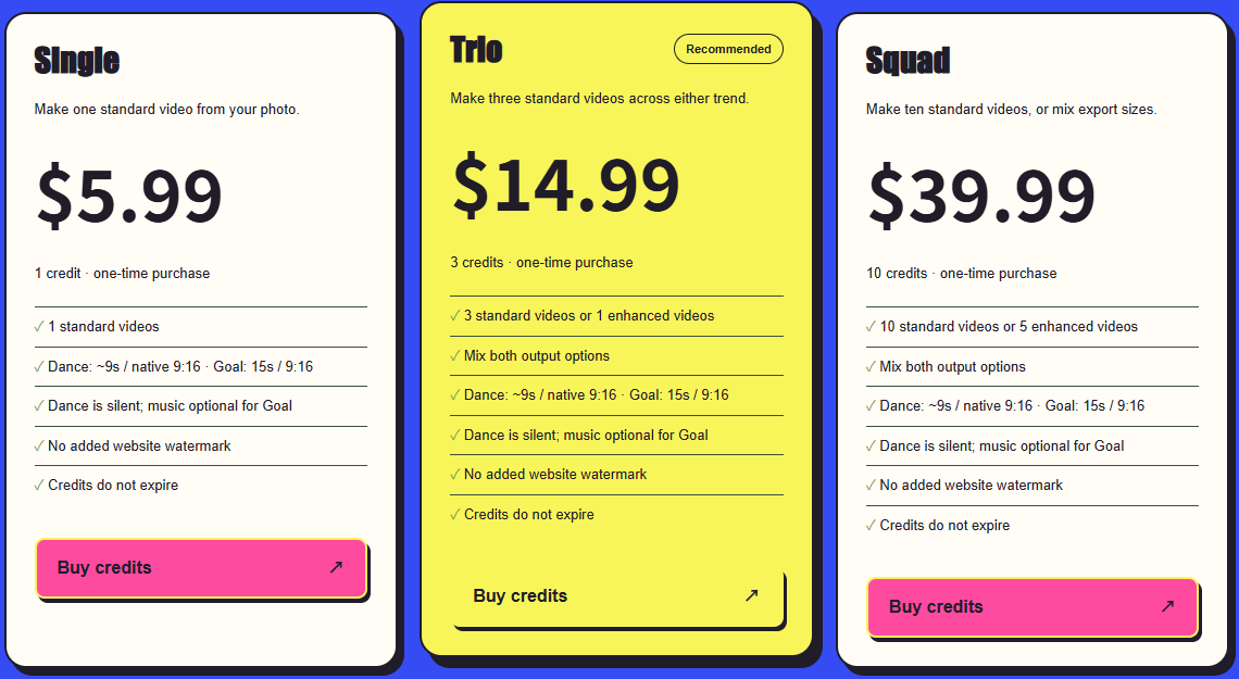 Dime Dime Baby pricing: $5.99 single, $14.99 trio, $39.99 squad