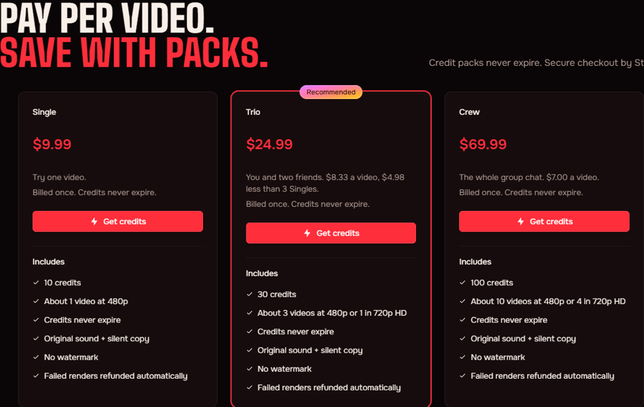 bulin47ai.com credit packs: Single $9.99, Trio $24.99, Crew $69.99 for 100 credits