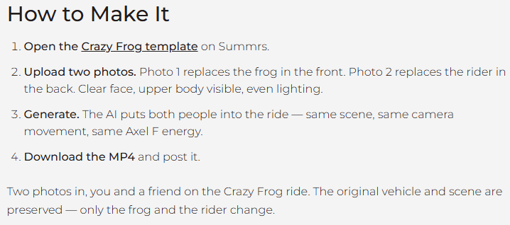 https://aiapp.u14.com/popliqo.com/blog/crazy-frog-ai/03-summrs-blog.png — Summrs' how-to section for its Crazy Frog template