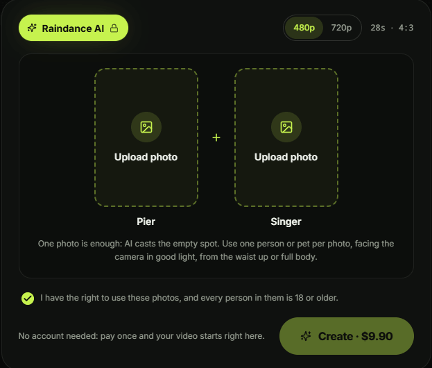 The Seadanse Raindance page with two photo boxes and the $9.90 720p price